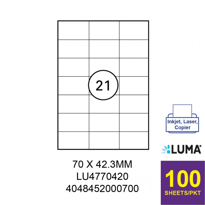 LUMA LU4770420 LABEL FOR INKJET / LASER / COPIER 100 SHEETS/PKT WHITE 70X42.3MM
